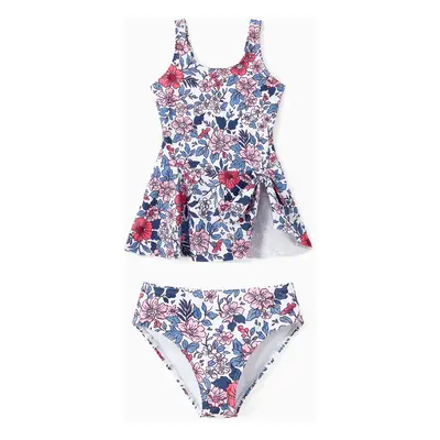 Family Matching Swimsuit Color Block Drawstring Swim Trunks or Ditsy Floral Bow Side Tankini