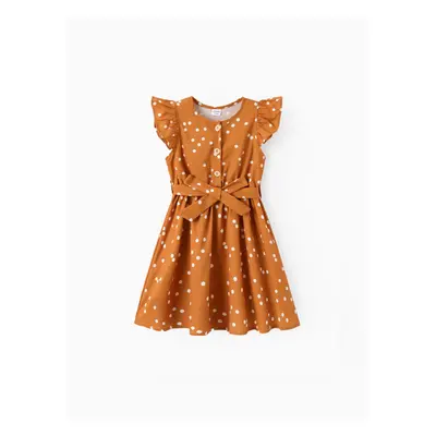 Kid Girl Polka dots Button Design Flutter-sleeve Belted Dress