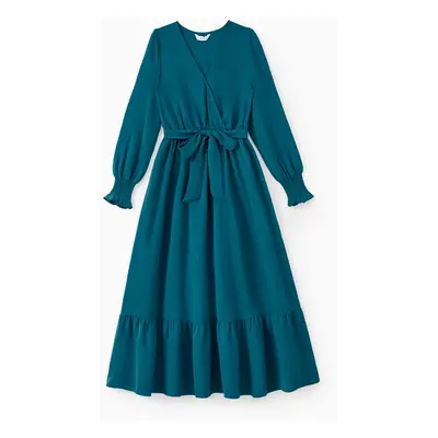 Mommy and Me Ice Silk Crepe Fabric Blue-Green Long Sleeves Wrap Top Ruffle Hem Belted Dress with