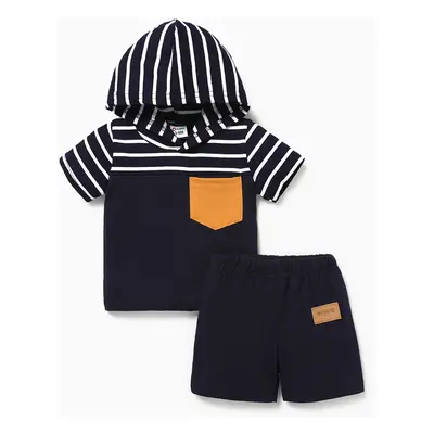 2pcs Baby Boy Patch Pocket Short-sleeve Stripe Hoodie and Shorts Set