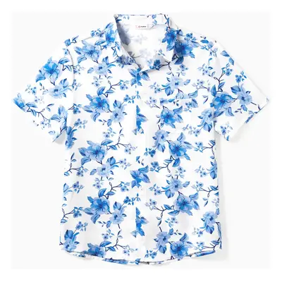 Family Matching Sets Blue Floral Beach Shirt or Irregular Hem Flowy Strap Dress