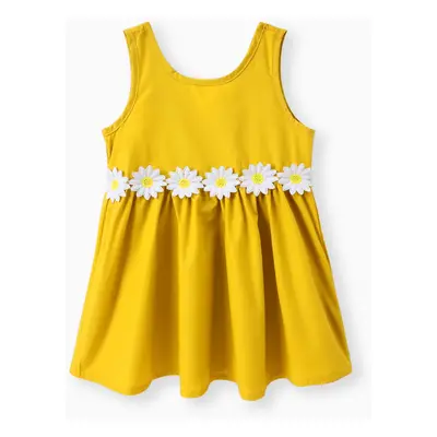 Toddler Girl 3D Floral Design Back V Neck Solid Color Sleeveless Dress