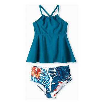 Family Matching Swimsuits Tropical Leaf Pattern Drawstring Swim Trunks or Cross Strap Flowy Tank