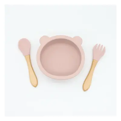 3-pack Baby Cute Cartoon Bear Silicone Suction Bowl and Fork Spoon with Wooden Handle Baby Toddl