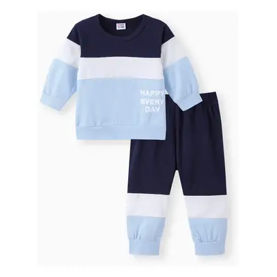 2pcs Baby Boy 95% Cotton Long-sleeve Letter Print Colorblock Sweatshirt and Pants Set