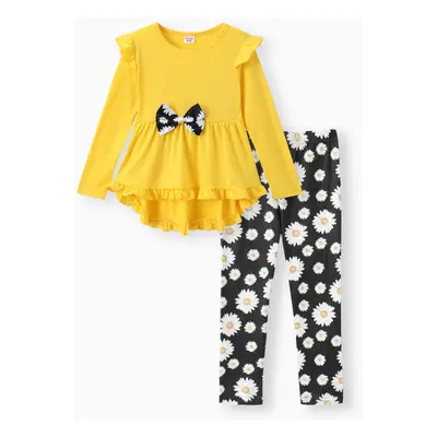 2pcs Kid Girl Ruffled Bowknot Design High Low Long-sleeve Tee and Floral Print Leggings Set