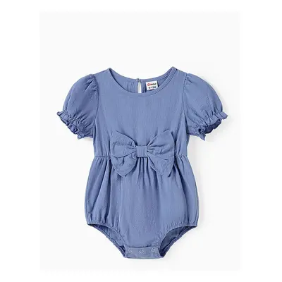 Mommy and Me Blue Cotton Round Neck Bubble Sleeves Ruffle Hem Dresses