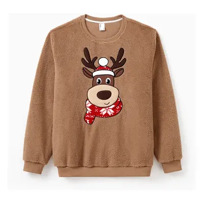 Brown Reindeer Sweatshirts Fluffy Sherpa Fleece Long Sleeves Tops