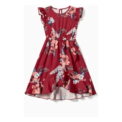 Family Matching Colorblock Polo Shirt and Floral Ruffle Hem Wrap Dress Sets