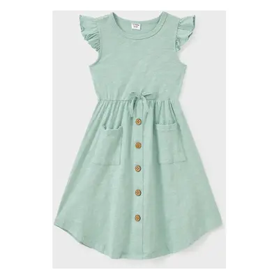 Family Matching Solid Cotton Button Front Drawstring Tank Dresses and Short-sleeve Colorblock T-