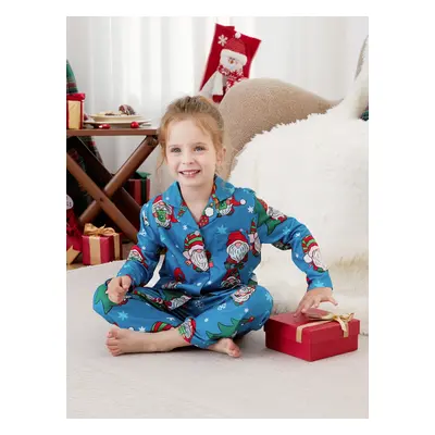 Christmas Family Matching Blue Allover Gnome Pattern Button Lapel Pajamas Sets with Pockets ( Fl