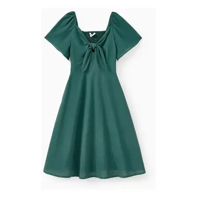 Mommy and Me 100% Cotton Muslin Green Shirred Back Twist Knot Flutter Sleeves Dress