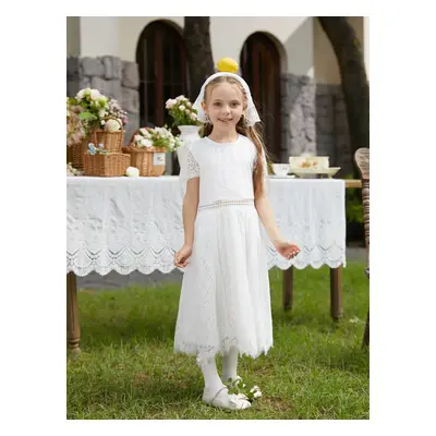 Mommy and Me White Elegant Lace Design Short Sleeves Dress