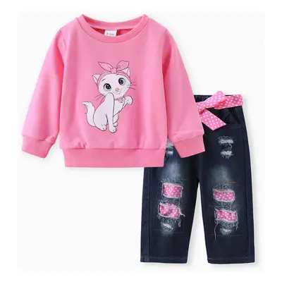 3PCS Baby Girl Childlike Cat Pattern Distressed Patchwork Denim Jean sets