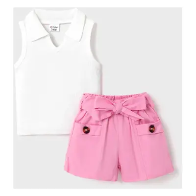 2pcs Baby Girl 100% Cotton Belted Shorts and Ribbed Notched Polo Neck Tank Top Set