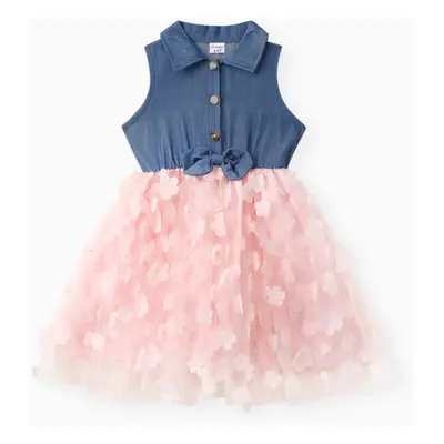 Kid Girl 3D Floral Design Denim Mesh Splice Sleeveless Dress