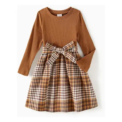 Family Matching Coffee Ribbed Spliced Plaid Belted Dresses and Long-sleeve Colorblock Tops Set