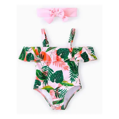 Toddler Girl 2pcs Floral Print Ruffled Swimsuit with Headband