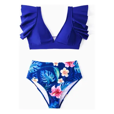 Family Matching Blue Floral Drawstring Swim Trunk or Ruffle Sleeves Bikini