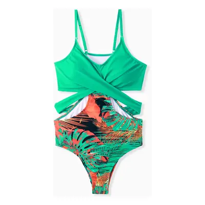 Family Matching Tropical Leaf Printed One-Piece Swimwear or Drawstring Swim Trunks