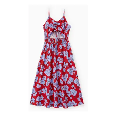 Family Matching Sets Floral Pattern Beach Shirt or Drawstring Front Shirred Waist Strap Dress