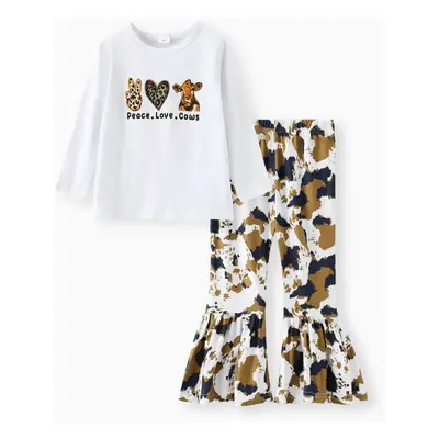 2-piece Toddler Girl Leopard Animal Print Long-sleeve Tee and Flared Pants Set