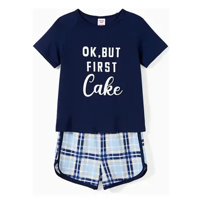 Family Matching Pajamas Sets Glow in the Dark Slogan Dark Blue Top and Plaid Drawstring Shorts