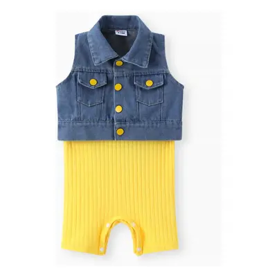 2pcs Baby Girl Solid Rib-knit Romper and Button Up Front Vest Denim Jacket Set