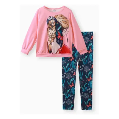 2pcs Kid Girl Figure Print Pink Sweatshirt and Floral Print Leggings Set