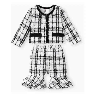 Baby Girl Clothes 2pcs Elegant Grid Print Jacket and Flared Pants Set