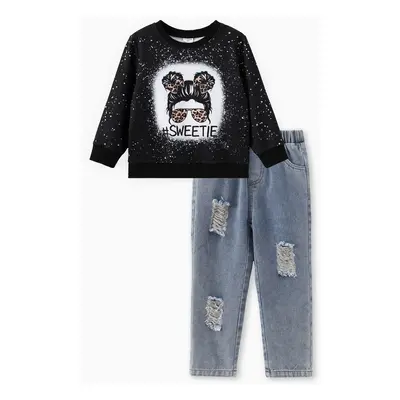 Toddler Girl 2pcs Character Print Sweatshirt and Denim Ripped Pants Set