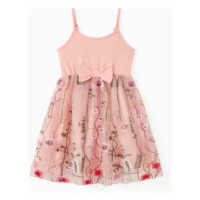 Family Matching Solid Color/ Raglan Sleeves Tee and Pink Cami Embroidered Tulle Strap Dress Sets