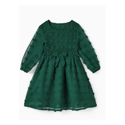 Mommy and Me Wedding Green Swiss Dots Long Sleeves Smocked Design Dresses