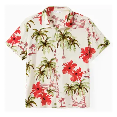 Family Matching Tropical Floral Beach Shirt and Button Strap Midi Dress Sets