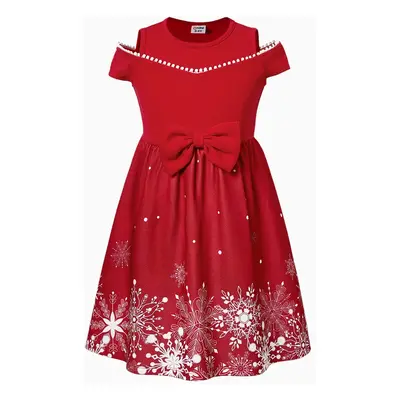 Mommy & Me Snowflake Print Red Off-shoulder/Open-shoulder Sleeveless Dresses