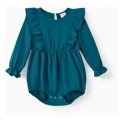 Mommy and Me Ice Silk Crepe Fabric Blue-Green Long Sleeves Wrap Top Ruffle Hem Belted Dress with