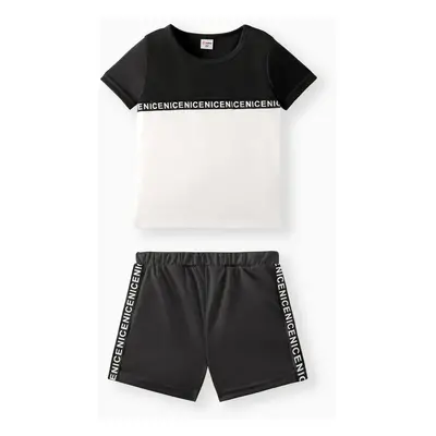 2-piece Toddler Boy Letter Print Colorblock Tee and Elasticized Shorts Set