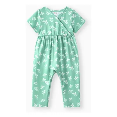 Baby Girl Clothes All Over Floral Print V Neck Short-sleeve Snap-up Jumpsuit