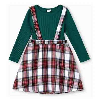 Family Matching Green Long Sleeves Ribbed Top Red Plaid Skirt Co-ord Set