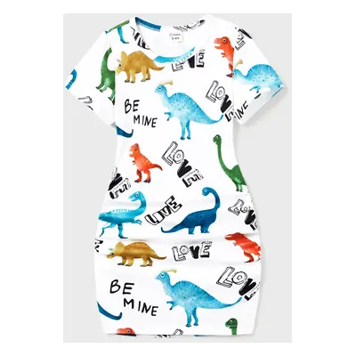 Family Matching Allover Dinosaur Print Drawstring Ruched Bodycon Dresses and Short-sleeve T-shir