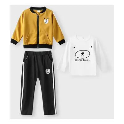 3-piece Toddler Boy Letter Bear Print White Long-sleeve T-shirt, Bomber Jacket and Elasticized P