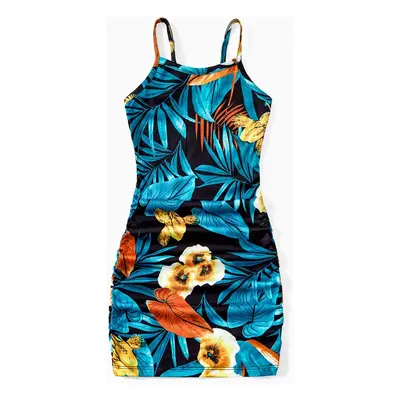 Family Matching Floral Panel T-shirt and Floral Ruched Drawstring Side Strap Dress Sets