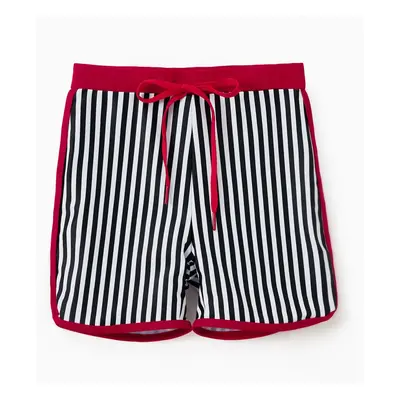 Family Matching Striped Swim Trunks Shorts and Ruffle Splicing One-Piece Swimsuit