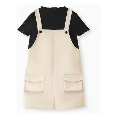 Kid Girl 2pcs Ruffled Crop Tee and Solid Overalls Set