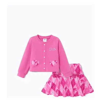 Barbie Kid Girl 2pcs Heart Print Top and Plaid Skirt Set