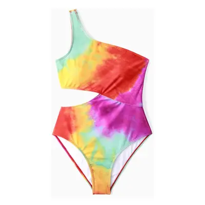 Family Matching Tie Dye Cut Out Waist One-Shoulder One-piece Swimsuit or Swim Trunks Shorts