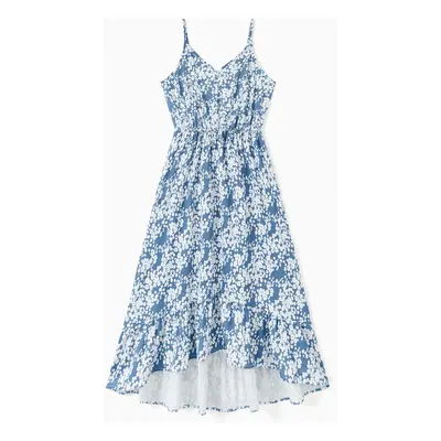 Family Matching Sets Blue Color Block Shirt or Button Up Ruffle Hem Floral Strap Dress