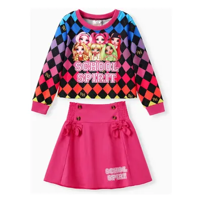 Rainbow high Toddler & Girl 2pcs Rainbow Checkered Print Long-sleeve Top And Bowknot Skirt Set