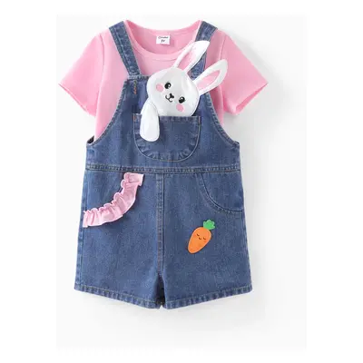 Toddler Girl 2pcs Solid Tee and Rabbit Embroidery Denim Overalls Set