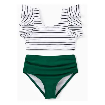 Family Matching Color Block Drawstring Swim Trunks or Stripe Cross Front Two-Piece Swimsuit (Qui